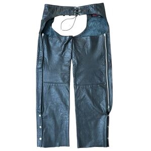 Woman's Moto Black Leather Pants Chaps Zippers Ties Silver Tone Rocker Costume